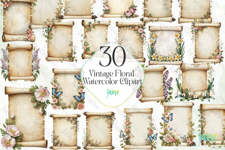 Vintage Floral Watercolor Clipart