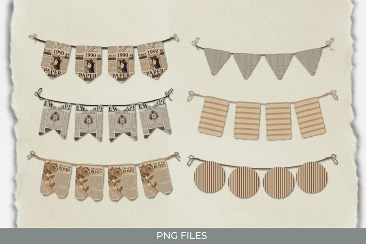 Vintage Flower Newspaper Seamless Pattern Bunting Banner