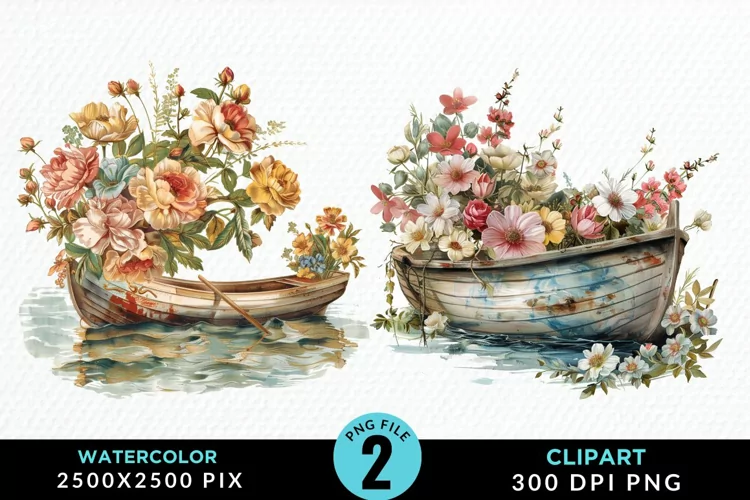 Vintage Flower Boat Sublimation Clipart