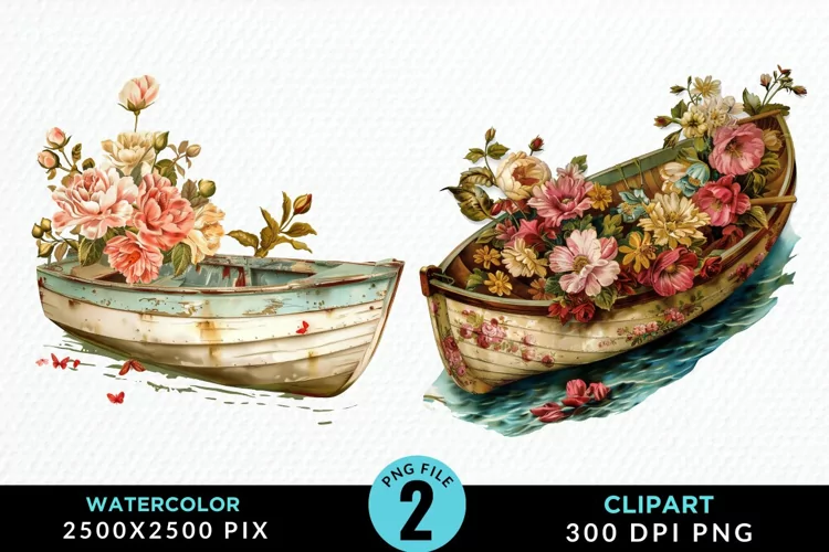 Vintage Flower Boat Sublimation Clipart