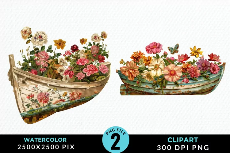 Vintage Flower Boat Sublimation Clipart