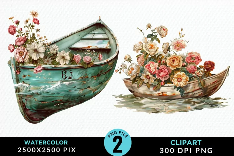Vintage Flower Boat Sublimation Clipart