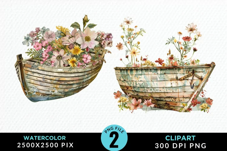 Vintage Flower Boat Sublimation Clipart
