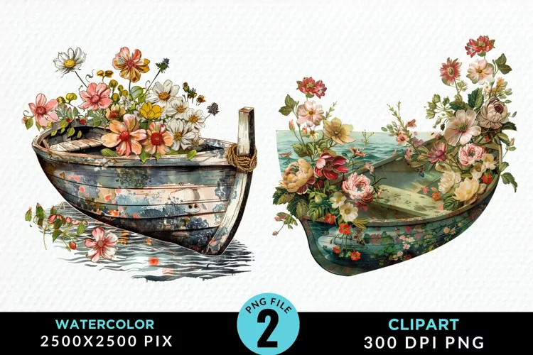 Vintage Flower Boat Sublimation Clipart