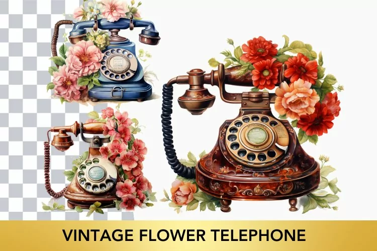 4 png vintage phone with flowers png clipart