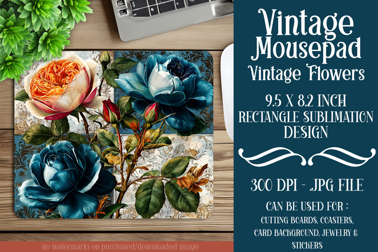 Vintage Mousepad, Sublimation Mousepad, Floral Mousepad, d90