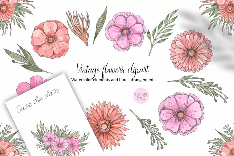 Pink Watercolor Flowers PNG | Wedding Floral Clipart