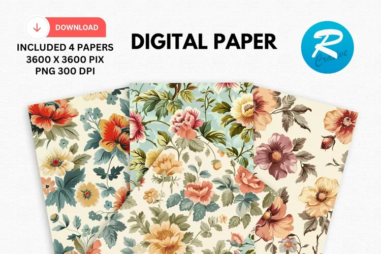 Vintage Flowers Digital Paper, Flowers Background
