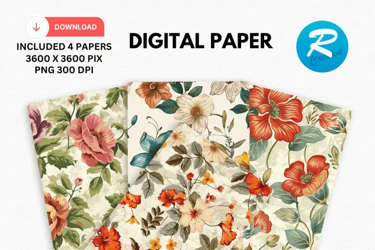 Vintage Flowers Digital Paper, Flowers Background
