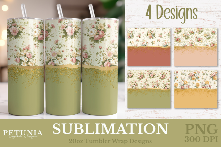 Flowers Glitter Tumbler Wrap | Vintage Tumbler Wrap PNG