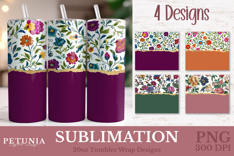 Flowers Glitter Tumbler Wrap | Vintage 20oz Skinny PNG