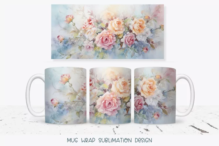 Vintage Flowers Mug Wrap | Pastel Watercolor Mug Sublimation