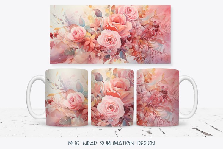 Vintage Flowers Mug Wrap | Pink Watercolor Mug Sublimation