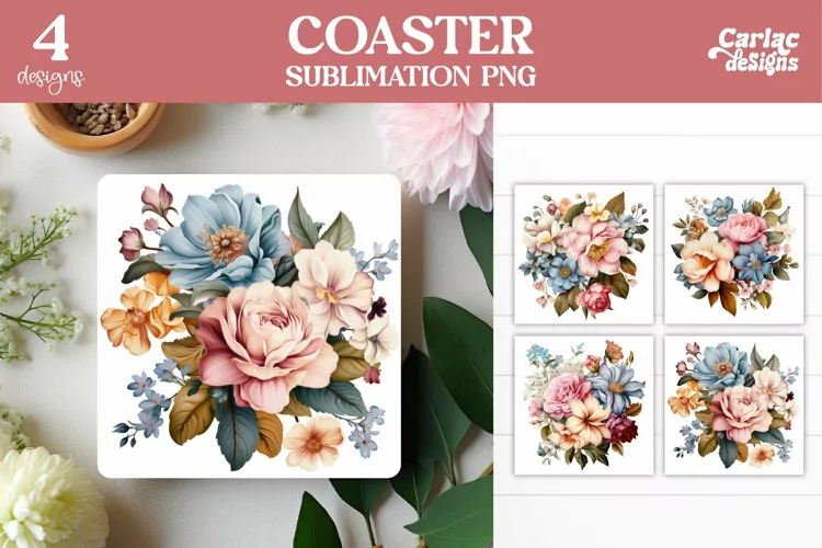 Vintage Flowers Square Coaster Sublimation, Vintage Coaster