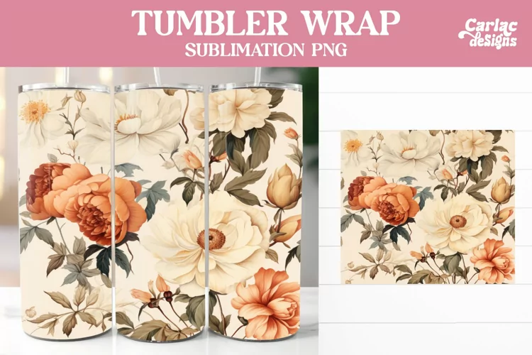 Tumbler Sublimation Wrap, Vintage Flowers Tumbler Wrap