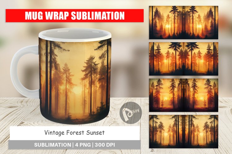 Mug Wrap Design Vintage Forest Sunset