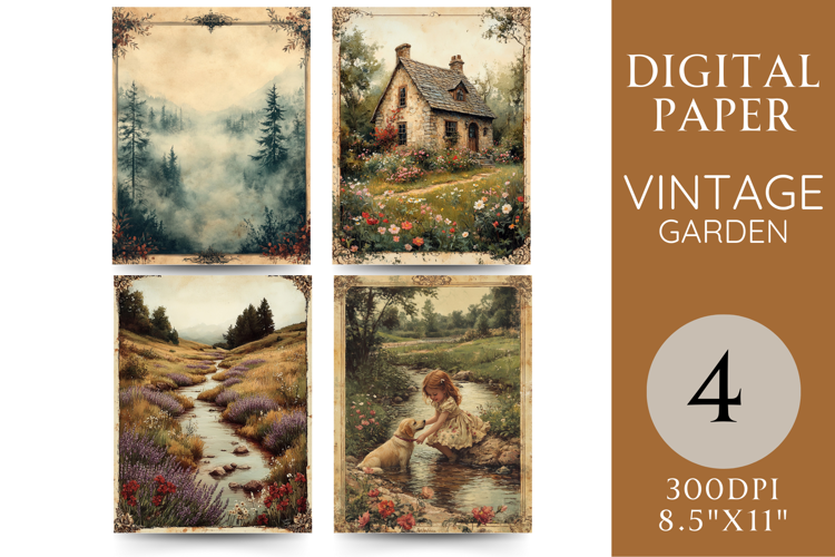 Cottage Garden Digital Paper with Girl, Puppy and Forest