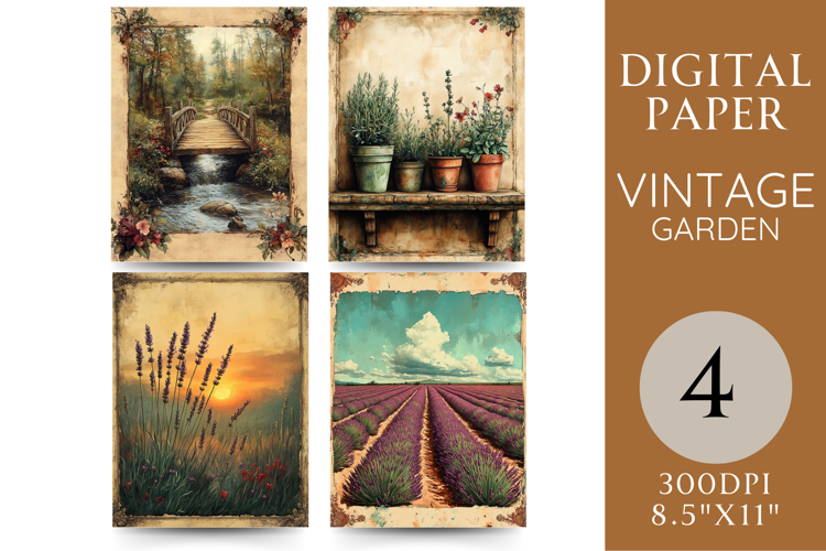 Lavender Garden Digital Paper with Bridge and Sunset