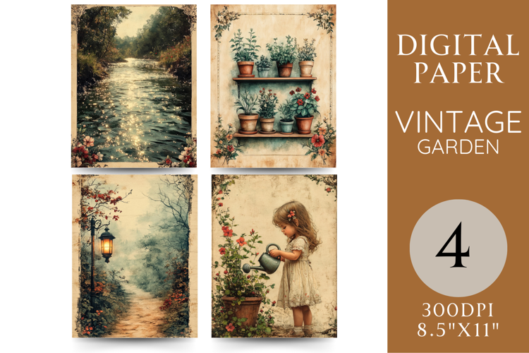 Vintage Garden Paper with Girl, Pots, River and Lantern