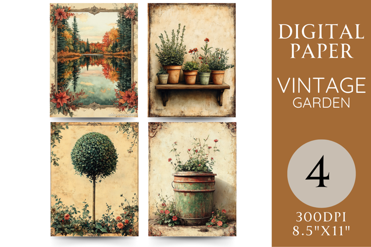 Autumn Garden Digital Paper with Lake, Pots and Topiary