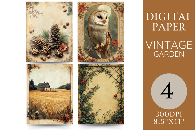 Rustic Owl and Pinecone Digital Paper with Trellis Scene