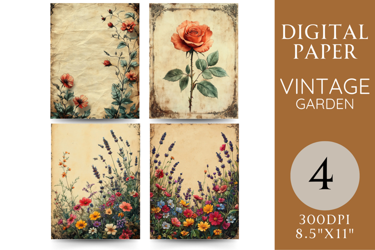 Vintage Floral Digital Paper with Roses and Wildflowers