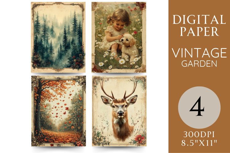 Woodland Digital Paper with Girl, Deer, Forest and Leaves
