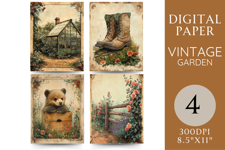 Vintage Garden Digital Paper Floral Bear Boots Fence