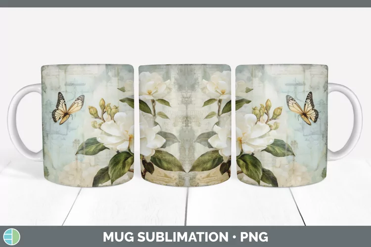 Vintage Gardenia Flowers Mug Wrap | Sublimation Coffee Cup D