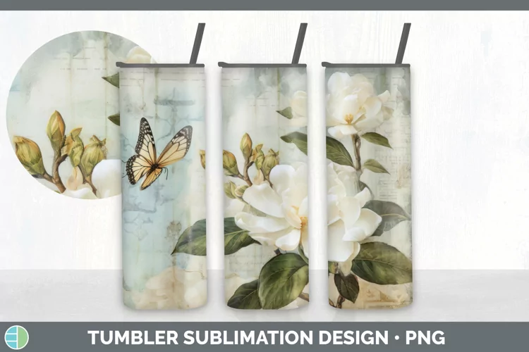Vintage Gardenia Flowers Tumbler | Sublimation 20 oz Skinny