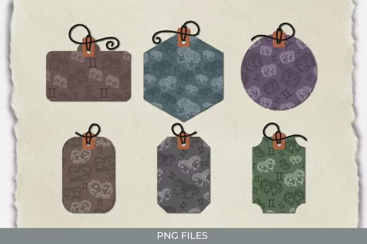 Vintage Gemini Sign Seamless Pattern Shaped Tag