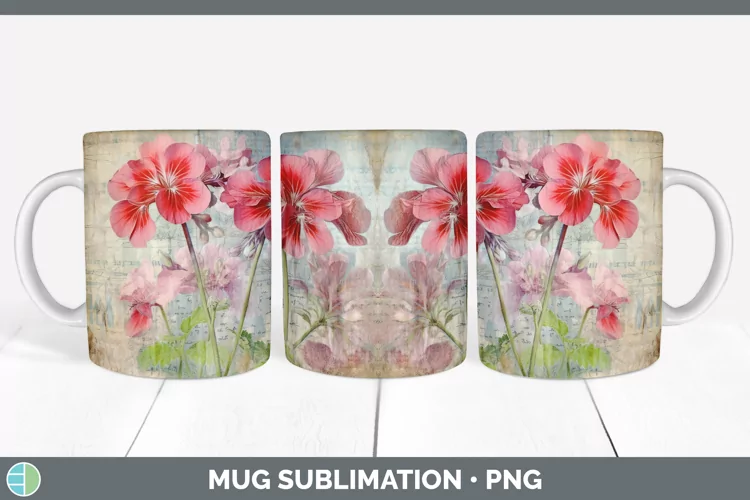Vintage Geranium Flowers Mug Wrap | Sublimation Coffee Cup D