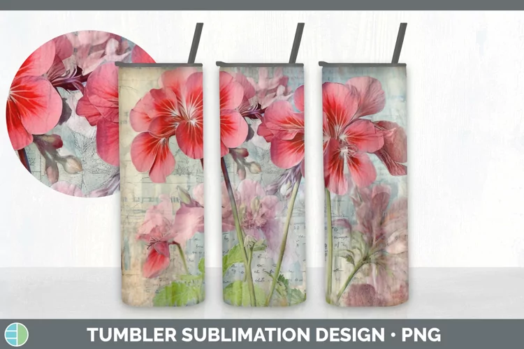 Vintage Geranium Flowers Tumbler | Sublimation 20 oz Skinny
