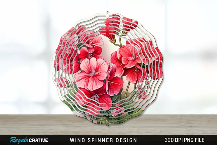 Vintage Geranium Flowers Wind Spinner Sublimation PNG Design