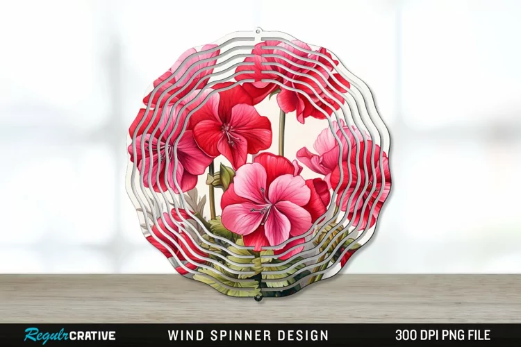 Vintage Geranium Flowers Wind Spinner Sublimation PNG Design