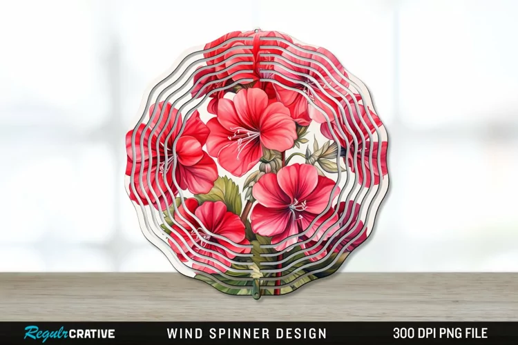 Vintage Geranium Flowers Wind Spinner Sublimation PNG Design