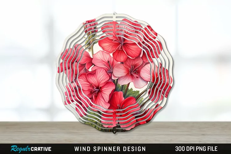 Vintage Geranium Flowers Wind Spinner Sublimation PNG Design