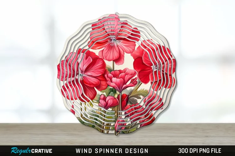 Vintage Geranium Flowers Wind Spinner Sublimation PNG Design