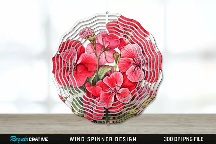 Vintage Geranium Flowers Wind Spinner Sublimation PNG Design