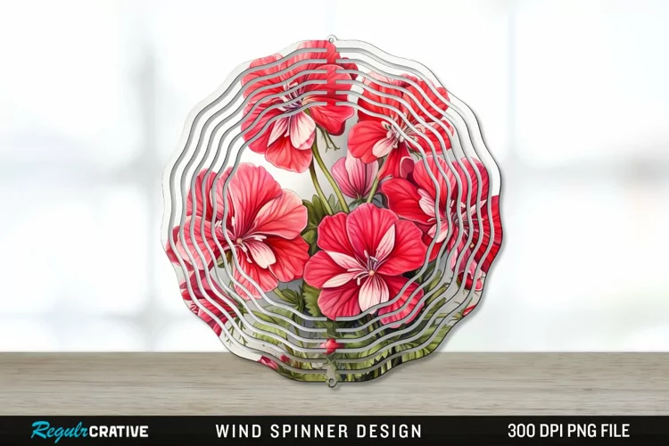 Vintage Geranium Flowers Wind Spinner Sublimation PNG Design