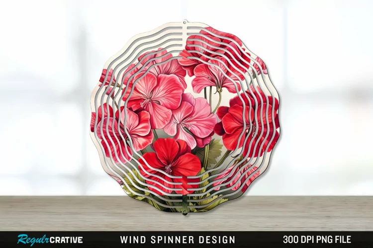 Vintage Geranium Flowers Wind Spinner Sublimation PNG Design