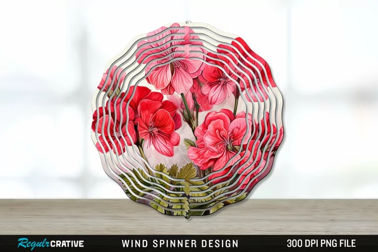 Vintage Geranium Flowers Wind Spinner Sublimation PNG Design