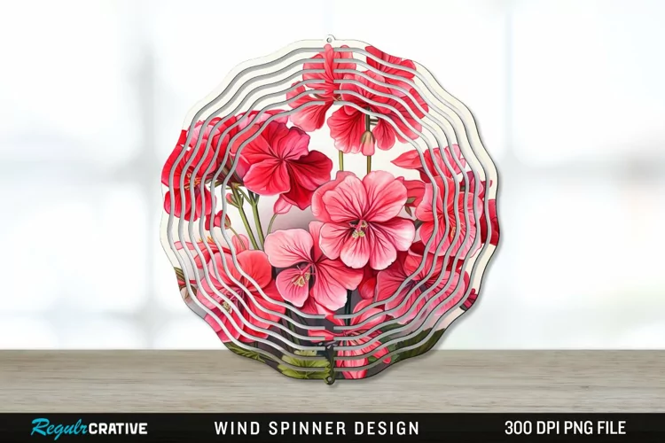 Vintage Geranium Flowers Wind Spinner Sublimation PNG Design