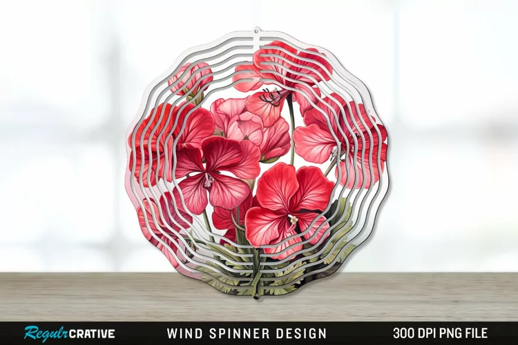 Vintage Geranium Flowers Wind Spinner Sublimation PNG Design