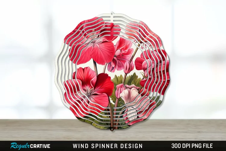 Vintage Geranium Flowers Wind Spinner Sublimation PNG Design