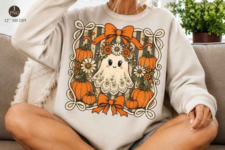 Vintage Ghost Pumpkin Png, Floral Lace Ghost Halloween
