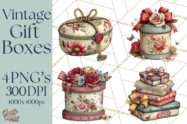 Vintage Gift Boxes Clipart PNG, Romantic Antique Boxes