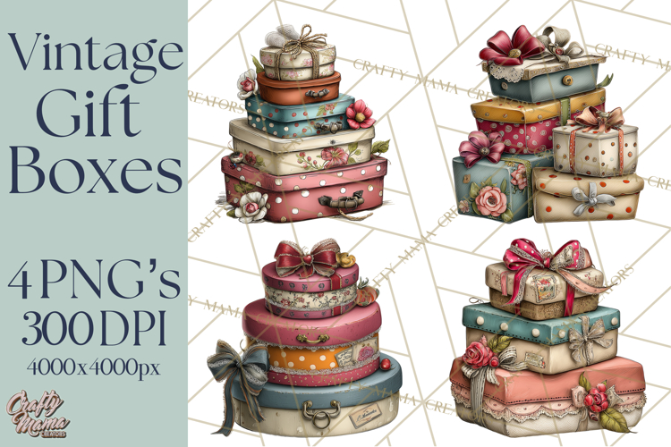 Vintage Gift Boxes Clipart PNG, Romantic Antique Boxes