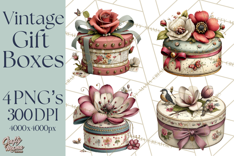 Vintage Gift Boxes Clipart PNG, Romantic Antique Boxes