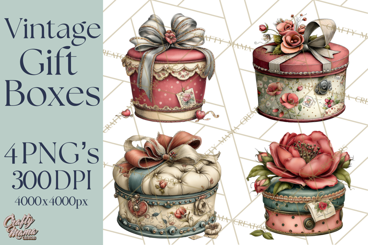 Vintage Gift Boxes Clipart PNG, Romantic Antique Boxes